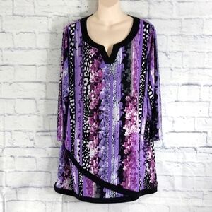 Allison Daley Tunic Top Floral Long Sleeve Black Purple Sz XL